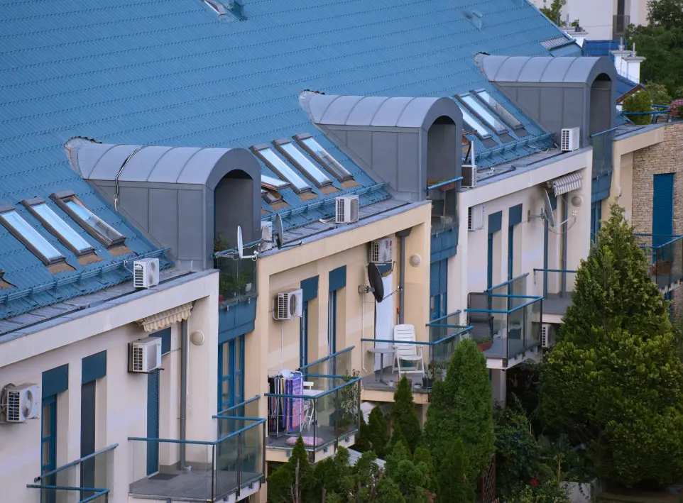 a building with a blue roof